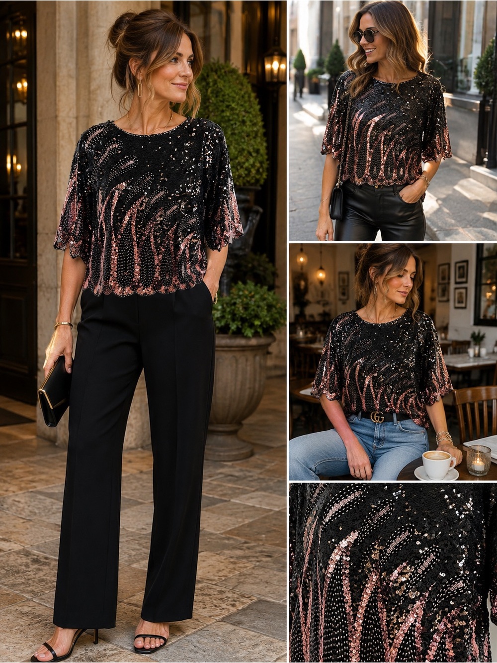 Y2K Sequin Short-Sleeve Blouse in Black and Blush Pink- Evening Top